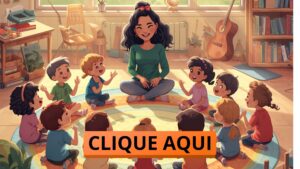 cursos da turma da tia tati - Professora com crianças em roda usando instrumentos e livros ilustrados em uma atividade de educação infantil